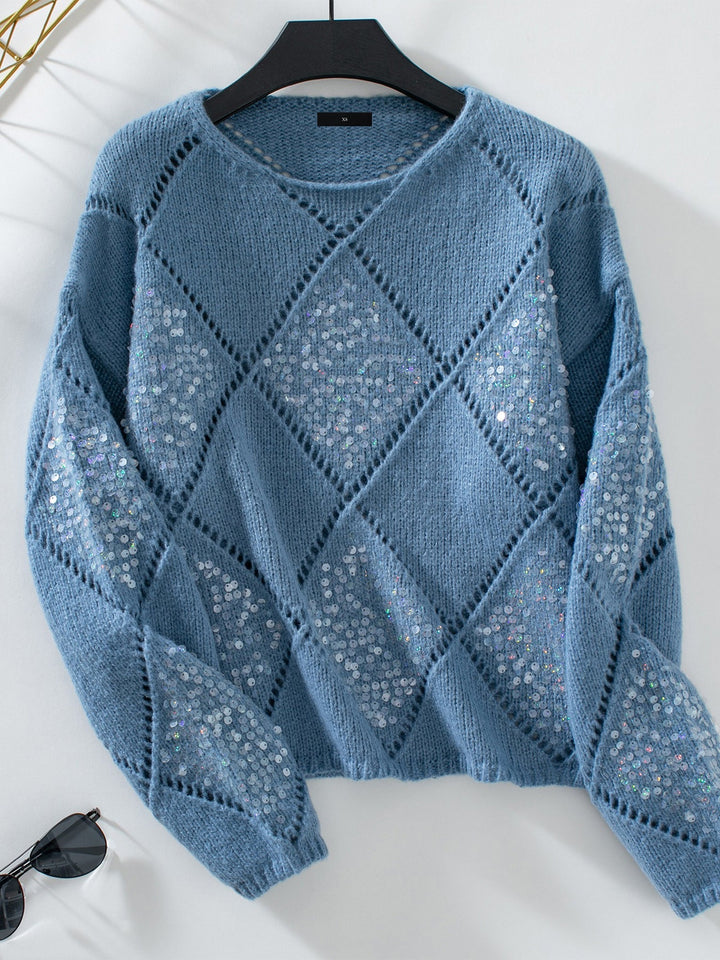 Women's holiday wear: A relaxed fit sparkle knit sweater with a striking sequin diamond pattern.