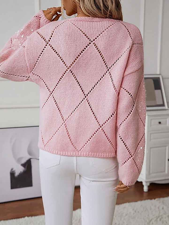 Casual chic women's sweater. Comfortable sparkle knit with a dazzling sequin diamond pattern, crew neck.