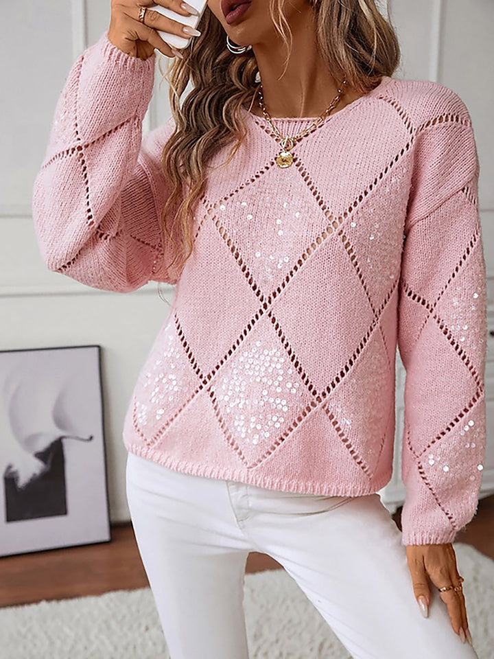 Women's sparkle knit sweater, detailed with a brilliant sequin diamond pattern for festive occasions.