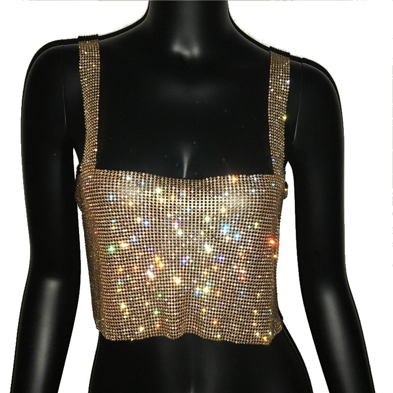 Blinged-out women's crop top, shimmering and sparkling, ideal for a memorable night out or party.