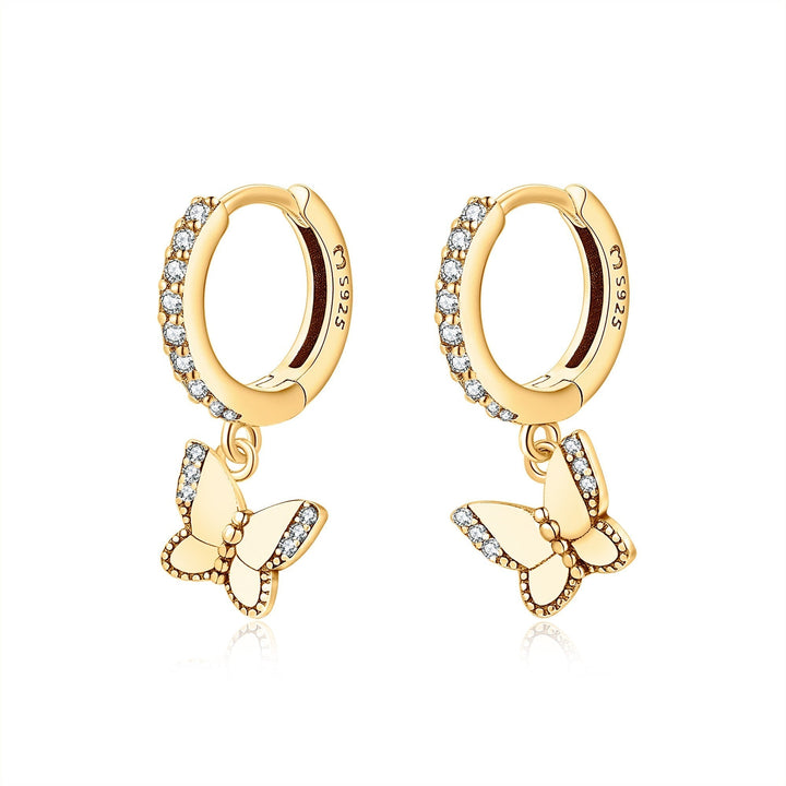 Stylish women's sterling silver gold plated butterfly hoop earrings, encrusted with sparkling zirconia for a luxurious look.
