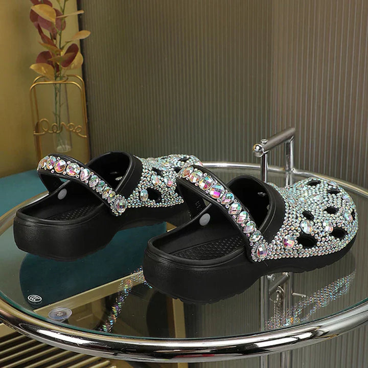 Comfortable women's alviera crystal slippers, flat heel beach slides