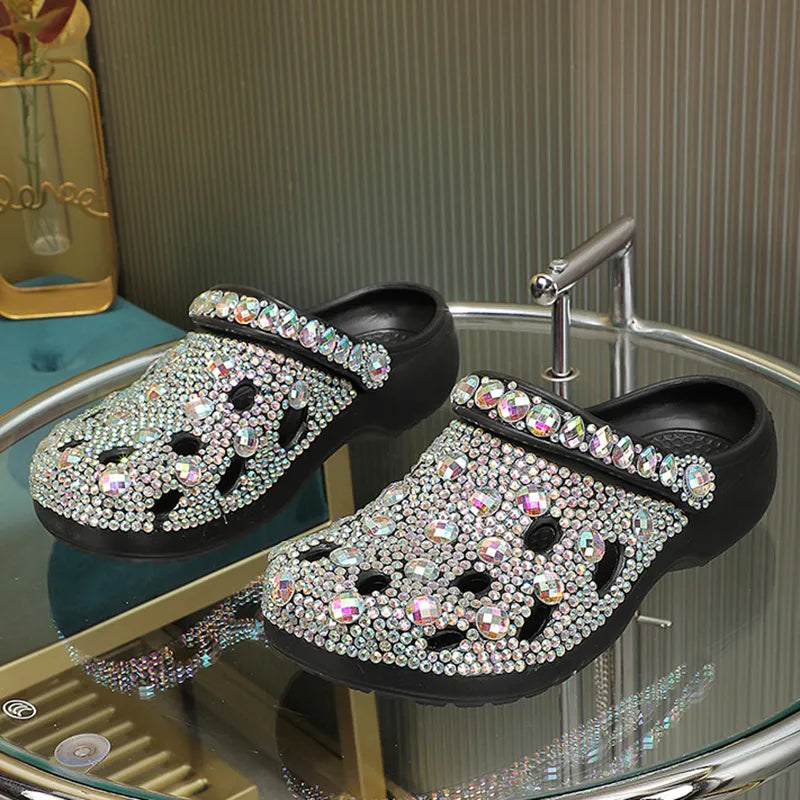 Women's summer footwear: alviera crystal-decorated EVA slippers with flat heel