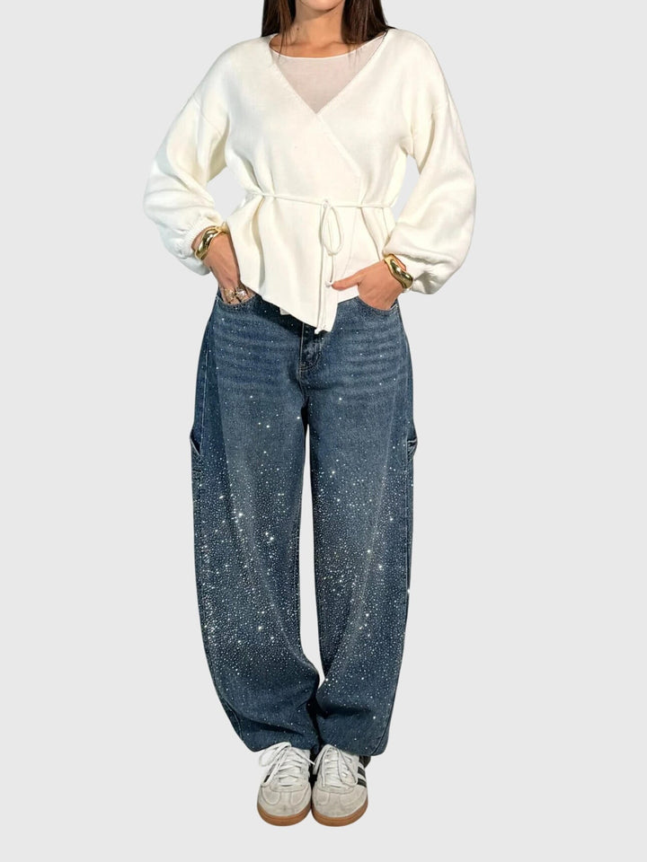 Women's sparkling diamond accent loose fit pants. Elegant & comfortable for any occasion.