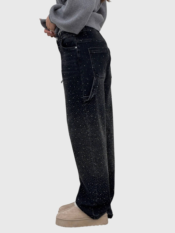 Dressy women's pants with shimmering diamond accents. Elegant and comfortable for chic style.
