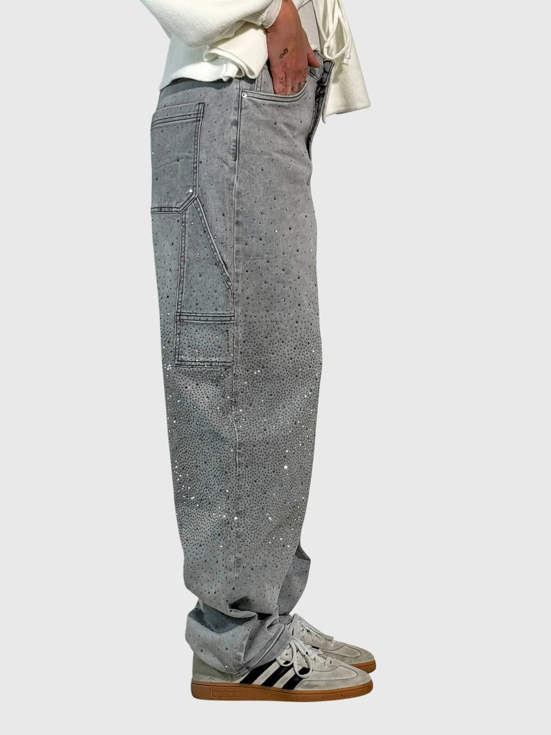 Comfortable loose fit women's pants with elegant diamond accents. Sparkling for a chic look.