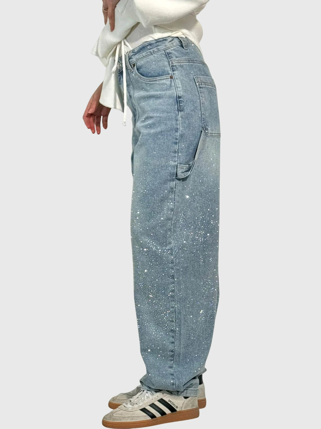 Versatile women's pants: elegant, sparkling diamond accents. Dress up or down with comfort.