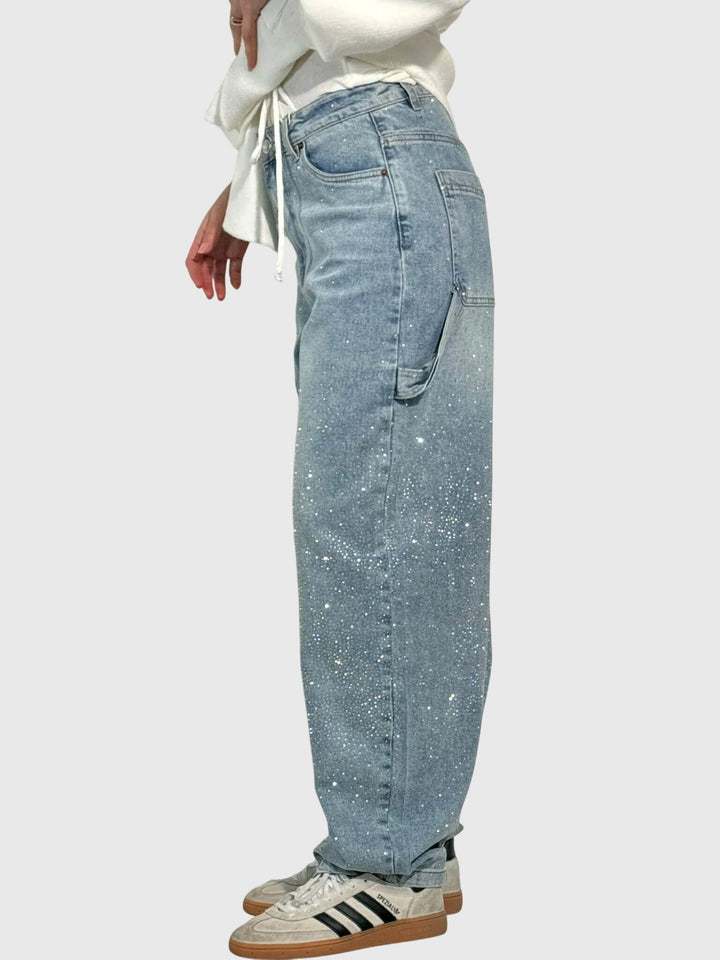 Versatile women's pants: elegant, sparkling diamond accents. Dress up or down with comfort.