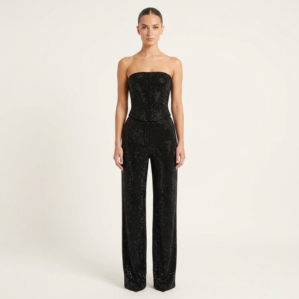 Women's sparkling glitter crop top & high-waist jeans set. Trendy two-piece party outfit.