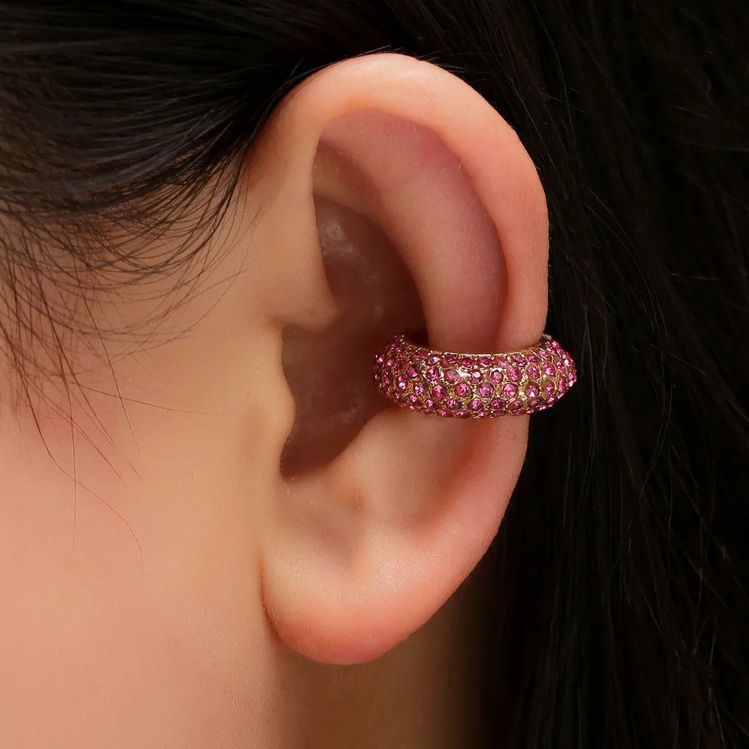 Dazzling silver-tone ear cuff with pavé crystals for women; elegant no-piercing jewelry.