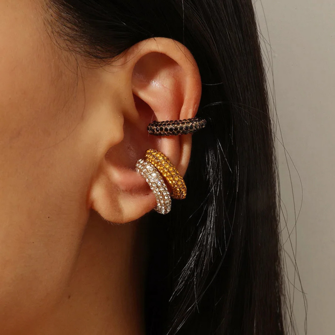 Elegant gold-tone no-piercing ear cuff, sparkling crystal design for women's fashion.