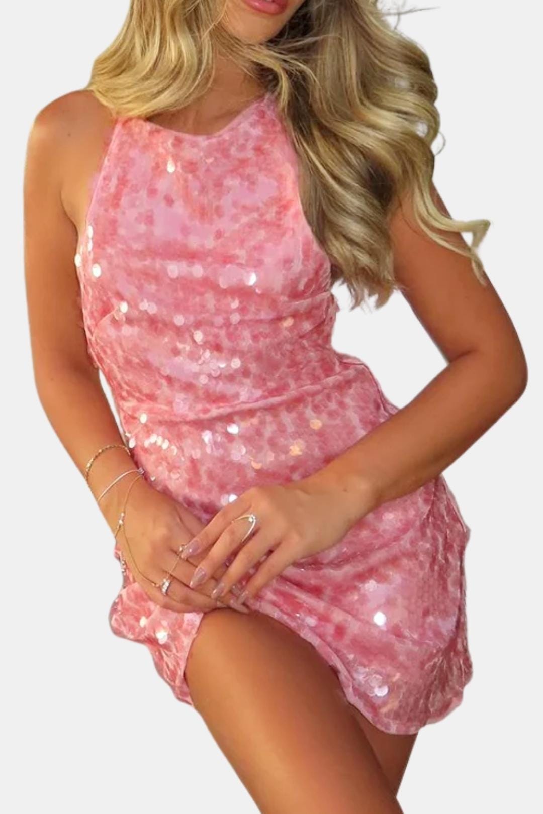 Sparkling women's halter sequin bodycon mini dress in pink, an elegant short party or dance dress for events.