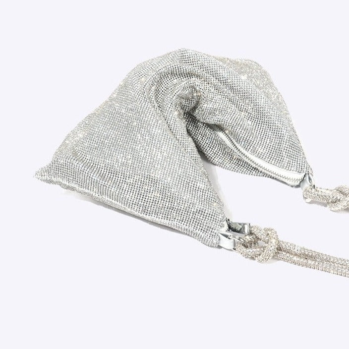 Elegant women's sparkling silver rhinestone clutch evening bag with metallic accents.