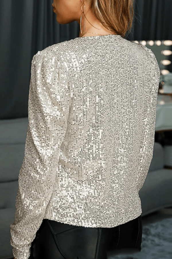 Women's dazzling sequin blazer, a sparkling open-front jacket for glamorous evening wear & party fashion.