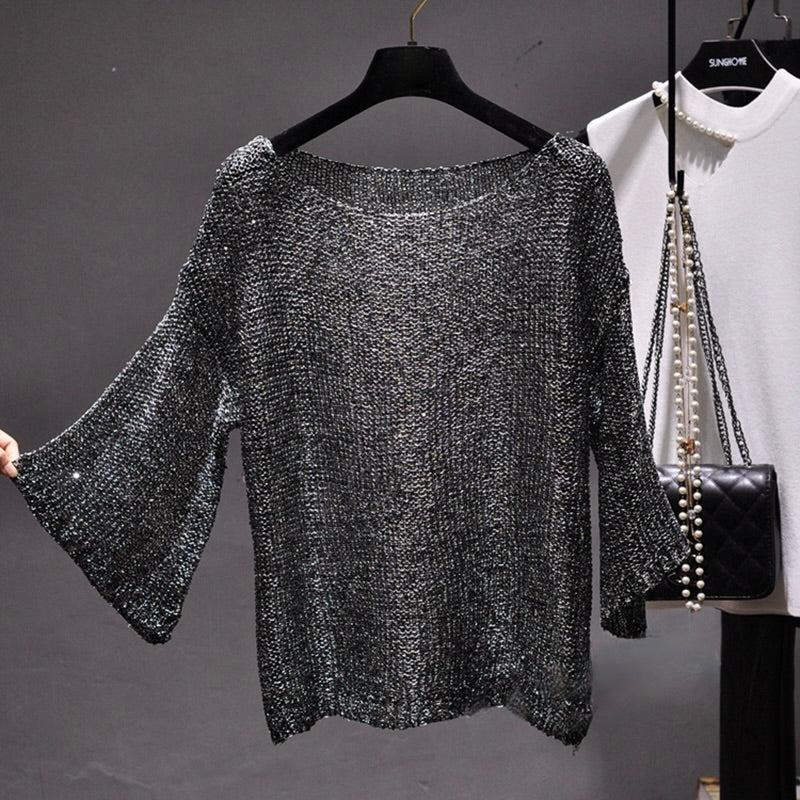 Glamorous women's long sleeve sequin knit top, a shimmering sweater for special occasions & elegant fashion.