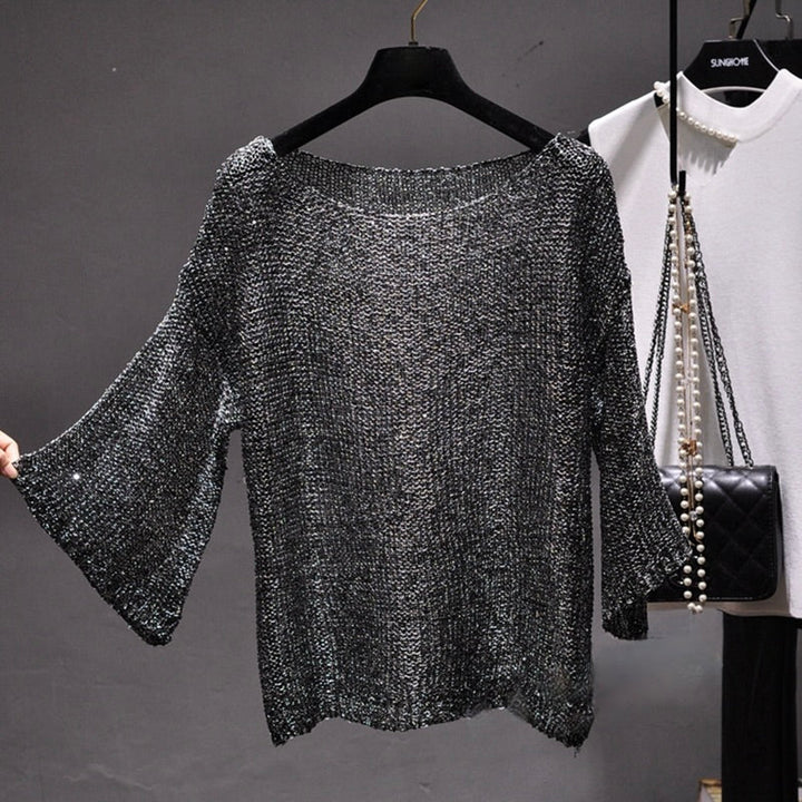 Glamorous women's long sleeve sequin knit top, a shimmering sweater for special occasions & elegant fashion.