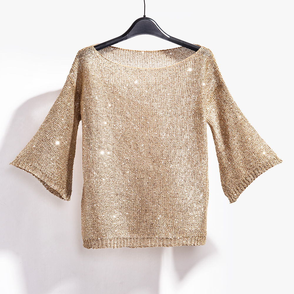 Sparkling sequin knit top for women, a stylish shimmer sweater offering glamour for any evening party.