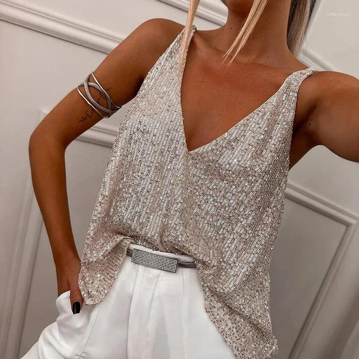 Glamorous women's sequin spaghetti strap top, ideal for night out, parties & summer evenings.