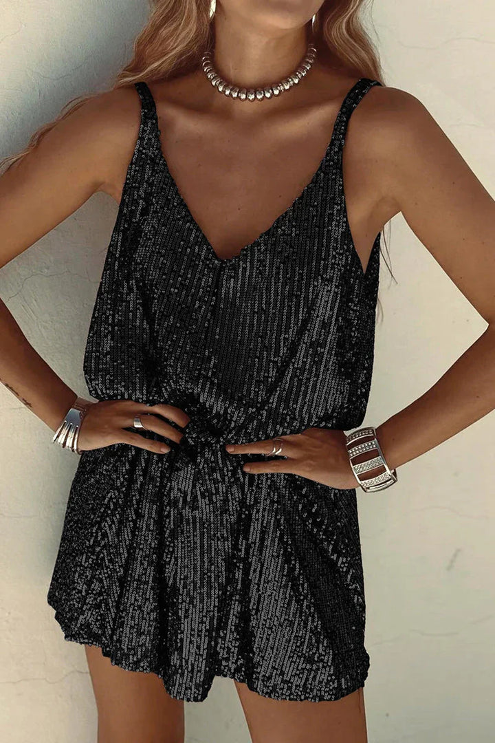 Chic V-neck sequin mini dress for women. Sleeveless, ideal for parties & festive occasions.