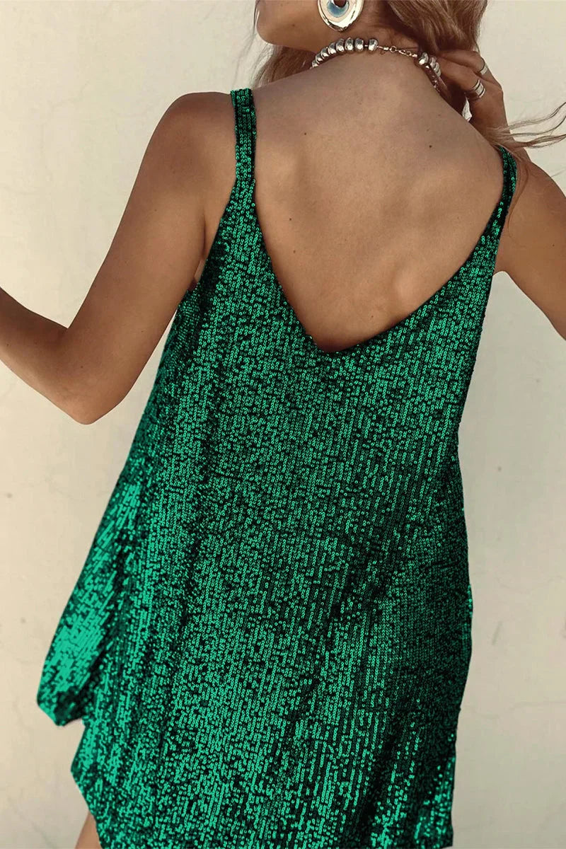 Elegant sequin V-neck sleeveless mini dress. Women's evening party wear for special events.