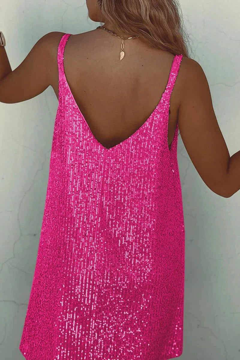 Women's glamorous sequin V-neck mini dress. Sleeveless evening wear, perfect for celebrations.