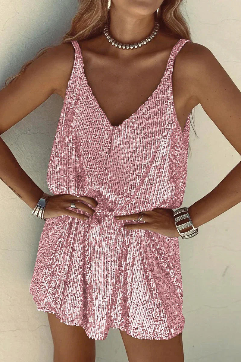 Stylish women's V-neck sequin mini dress. Sleeveless design, perfect for elegant evening parties.