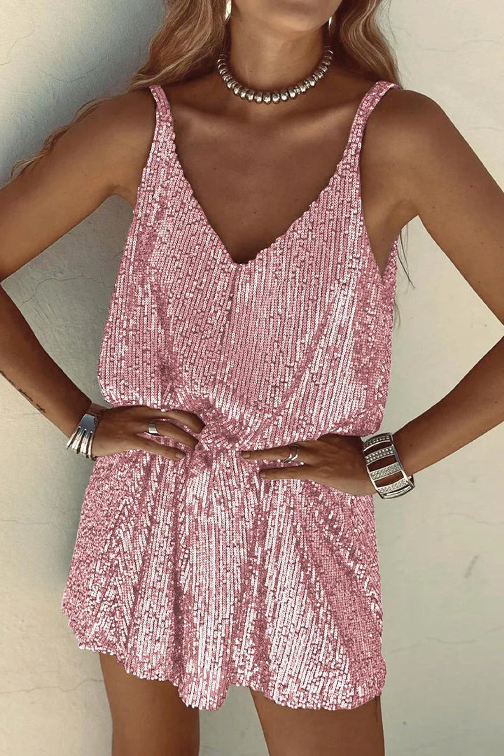Stylish women's V-neck sequin mini dress. Sleeveless design, perfect for elegant evening parties.