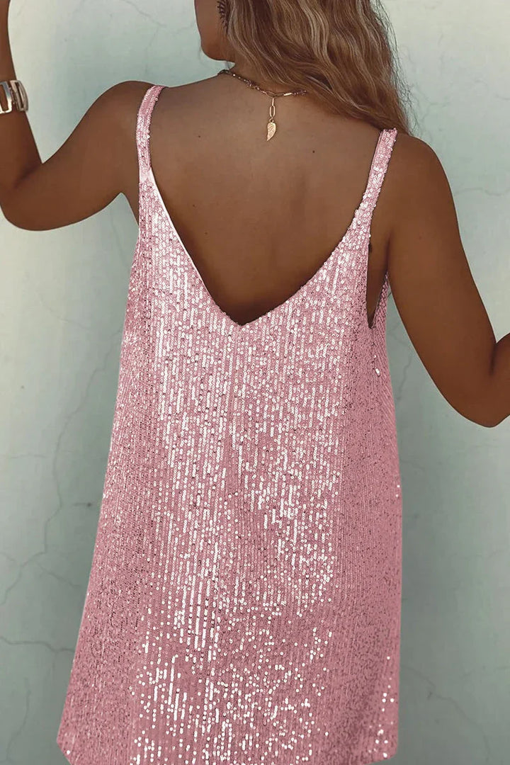Sophisticated women's sequin V-neck mini dress. Sleeveless evening wear for formal parties.