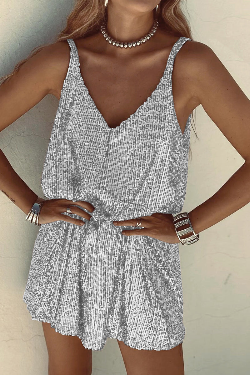 Short sequin party dress for women. Sparkling V-neck design, sleeveless evening wear.