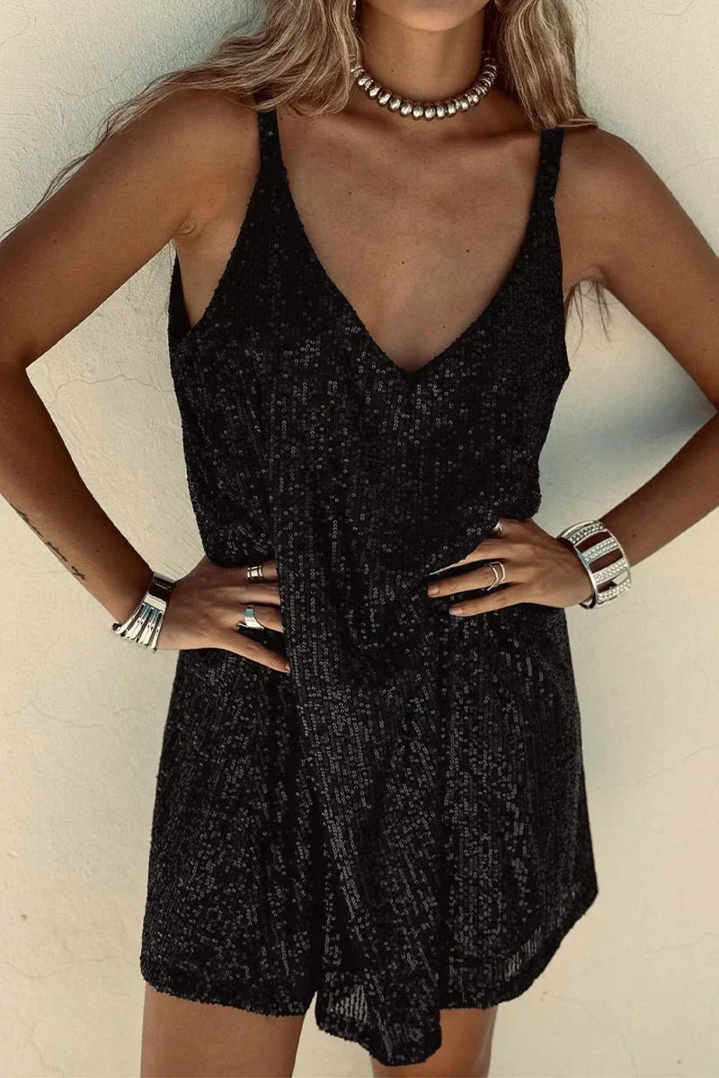 Women's sleeveless sequin V-neck party dress. Short, glamorous, perfect for special nights.