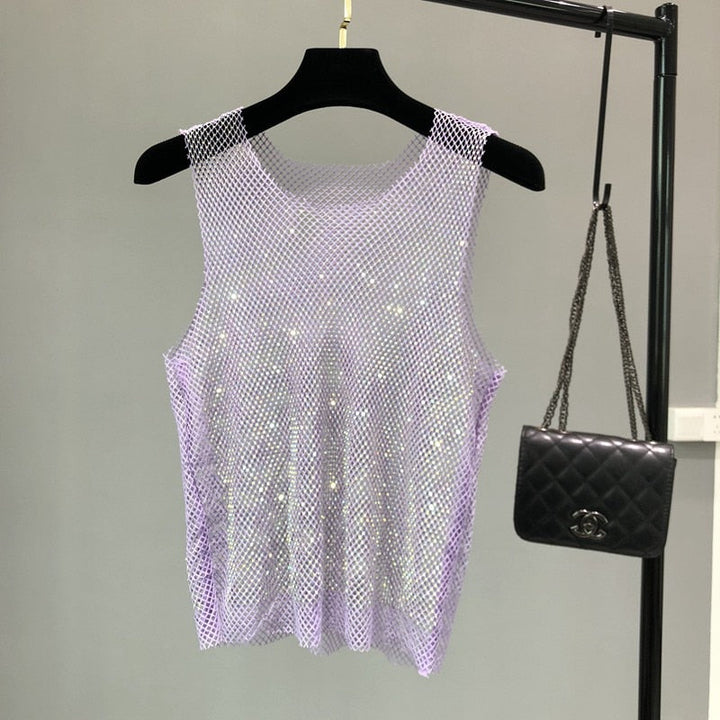 Embellished sparkling women's tank top, a trendy party top for glamorous night outs.