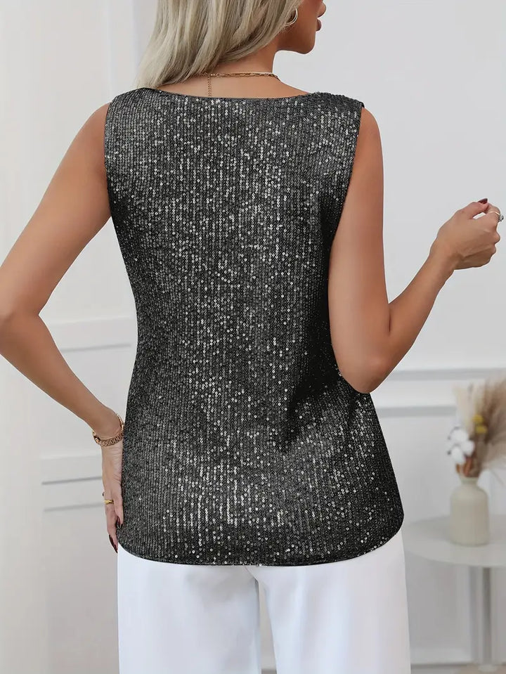 Chic women's glitter V-neck blouse, long sleeve, for holiday parties.