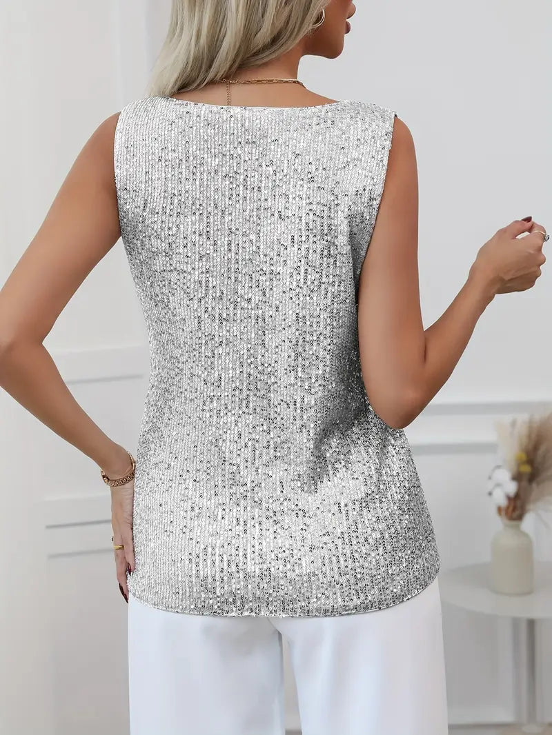 Women's V-neck glitter party top, long sleeve, for stylish special occasions.