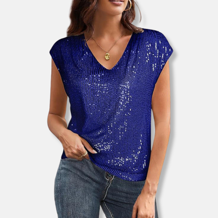 Women's sparkling V-neck sequin party top. Elegant evening wear & special occasion blouse with relaxed fit glamour.