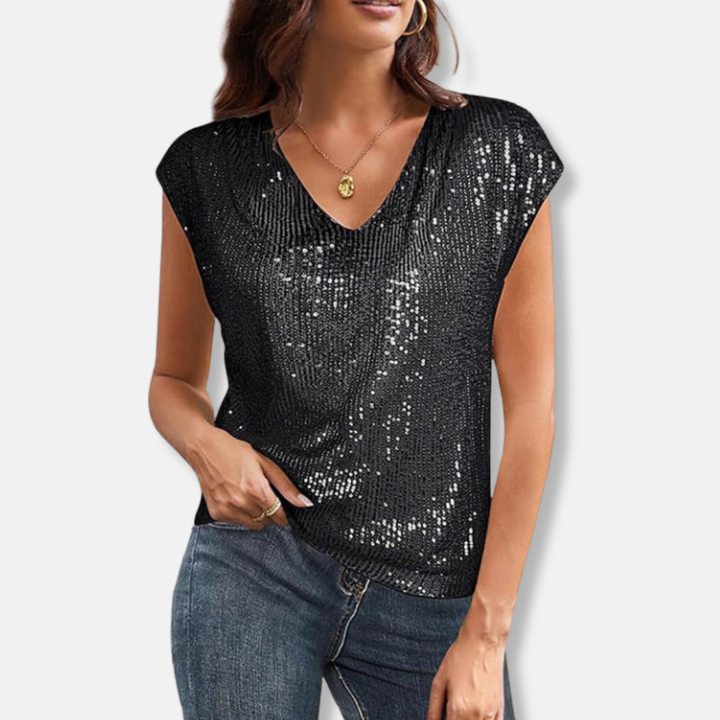 Glamorous women's sequin V-neck party top, perfect for evening wear. Shimmering special occasion & holiday outfit.