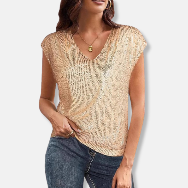 Elegant women's V-neck sequin party top. Sparkling relaxed fit blouse, ideal for special occasion & evening wear.
