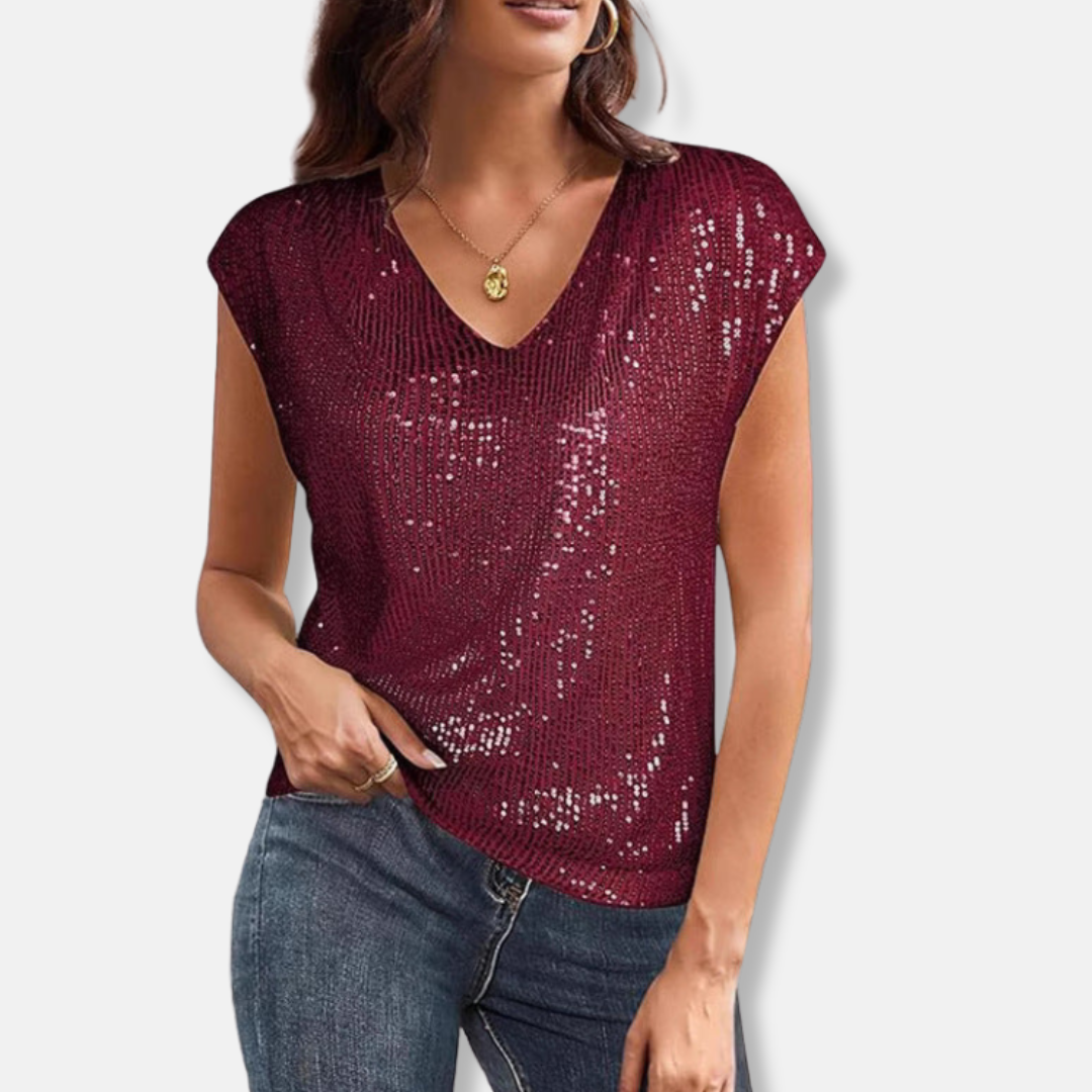 Shimmering women's V-neck sequin top. Glamorous party wear & elegant evening blouse for special holiday outfits.