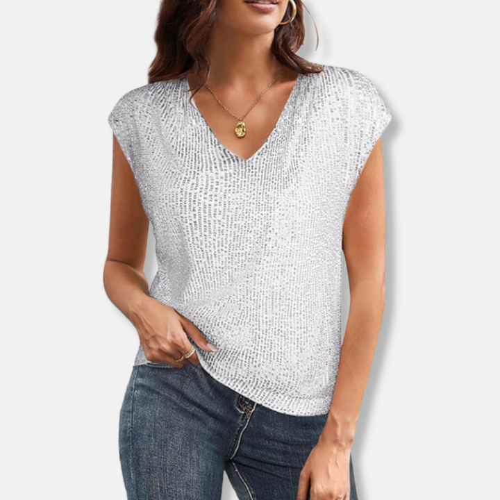 Dazzling women's V-neck sequin top for parties. Elegant, sparkling evening wear for special occasions & holiday.