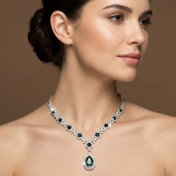 Close-up of a brilliant waterdrop cubic zirconia necklace, women's elegant sparkling jewelry.