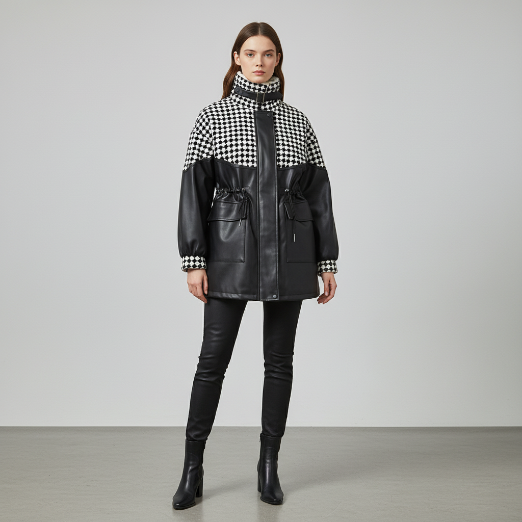 Model wearing a black Women's Sporty Zip-Up Plush Lined Jacket, showcasing its flattering fit.