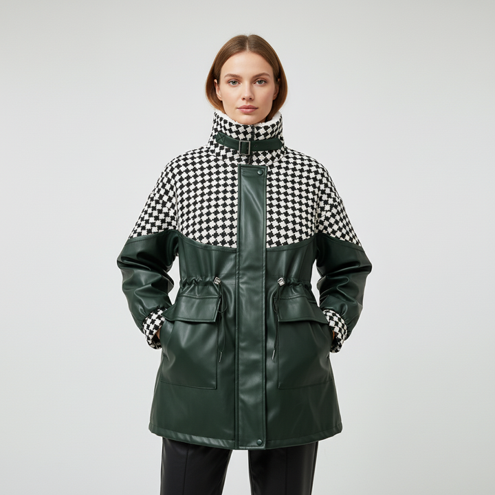 Detailed shot of the zipper and pockets on the plush-lined women's jacket, emphasizing functionality.