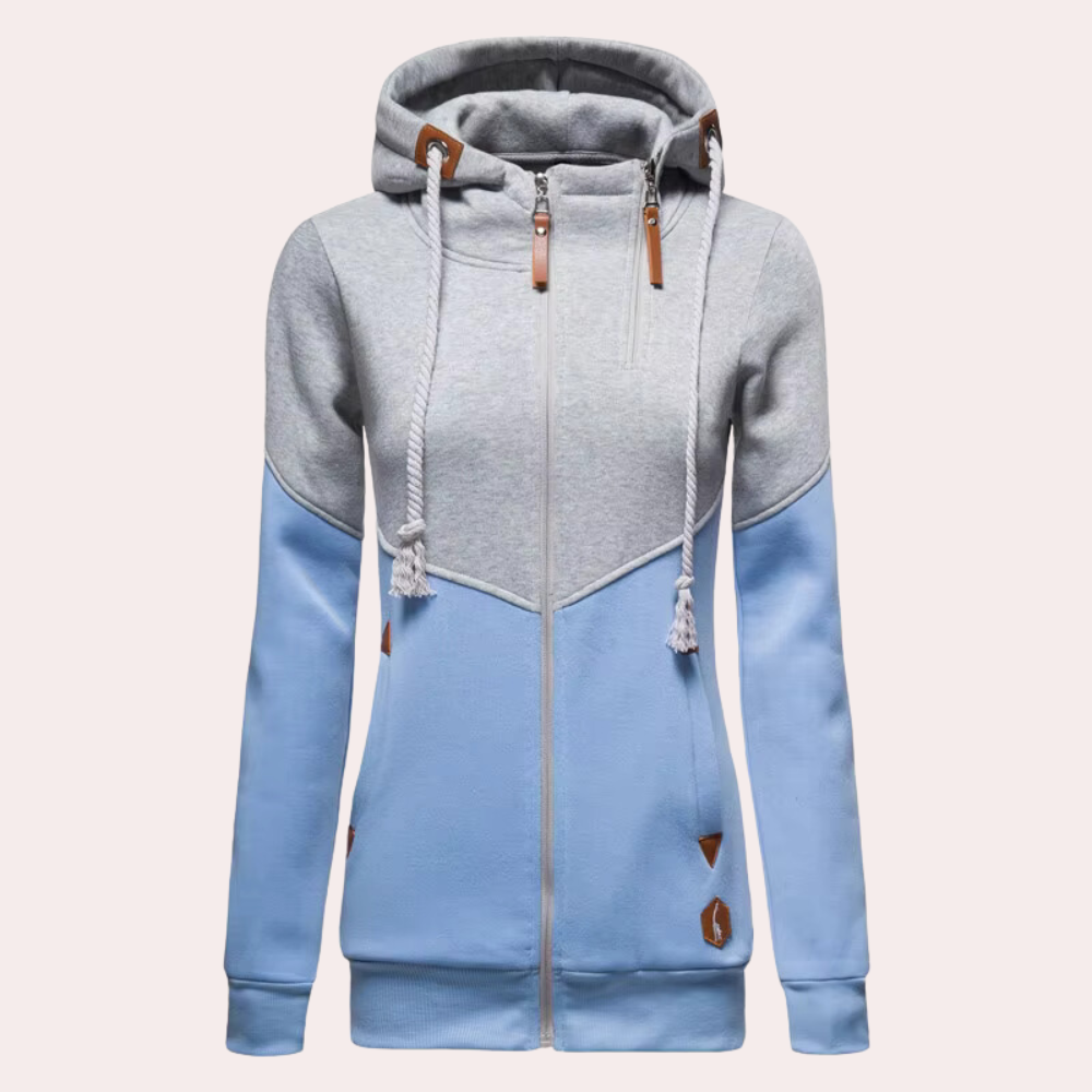 Durable women's sporty zip-up jacket with a hood, ideal for outdoor comfort & style.