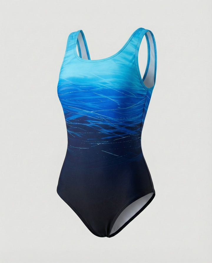 Fashionable women's ombre one-piece swimsuit, a chic sporty design for summer swimwear & beach style.