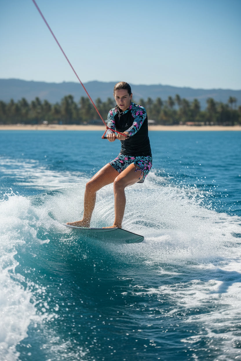 Women's sporty two-piece rashguard swimsuit in tropical print, ideal for pool day sun protection.