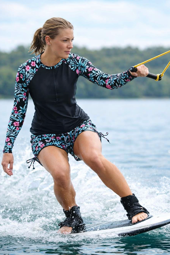 Tropical print women's rashguard for sun protection, a sporty two-piece swimsuit perfect for active wear.