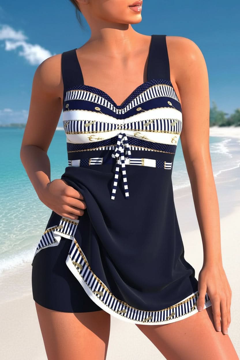 Women's sporty swim dress with built-in shorts, quick-dry fabric for swimming & water aerobics. Modest beachwear.