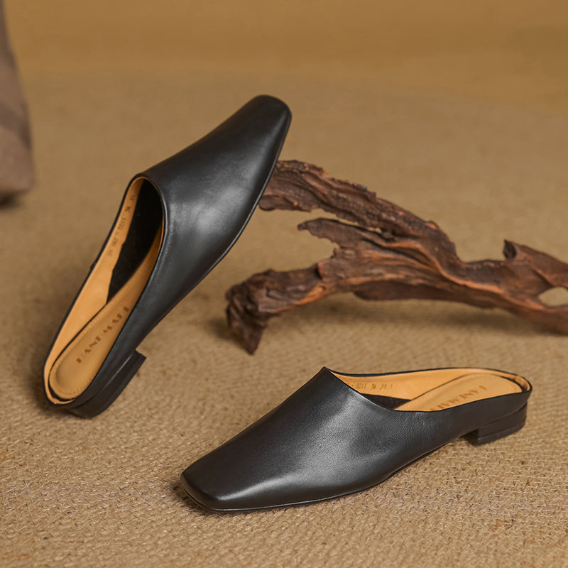 Chic women's square-toe block heel mules. Elegant slip-on footwear, perfect for dressy or casual outfits & comfort.