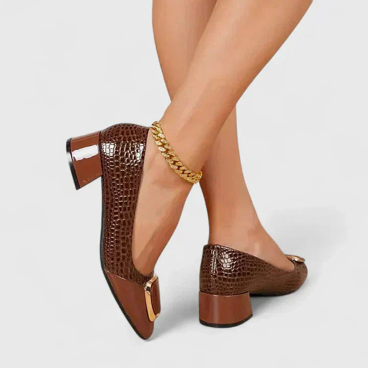 Women's square toe croc embossed block heel loafers, elegant slip-on office & fashion shoes.