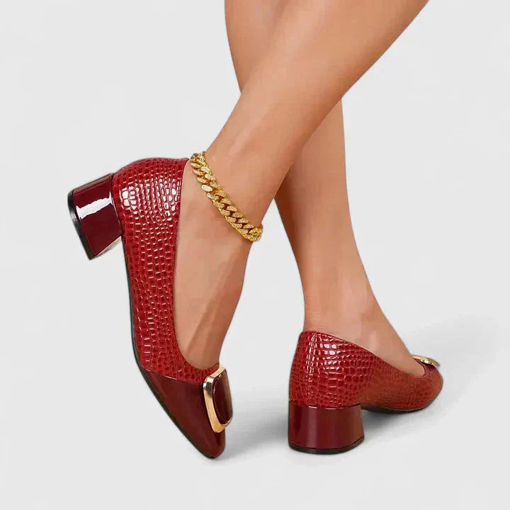 Stylish women's black croc embossed square toe loafers with comfortable block heel, for work or casual chic.