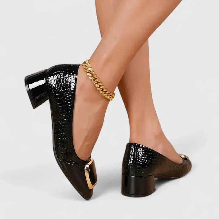 Comfortable women's mid block heel loafers with a trendy square toe and embossed texture. Ideal for all-day wear.